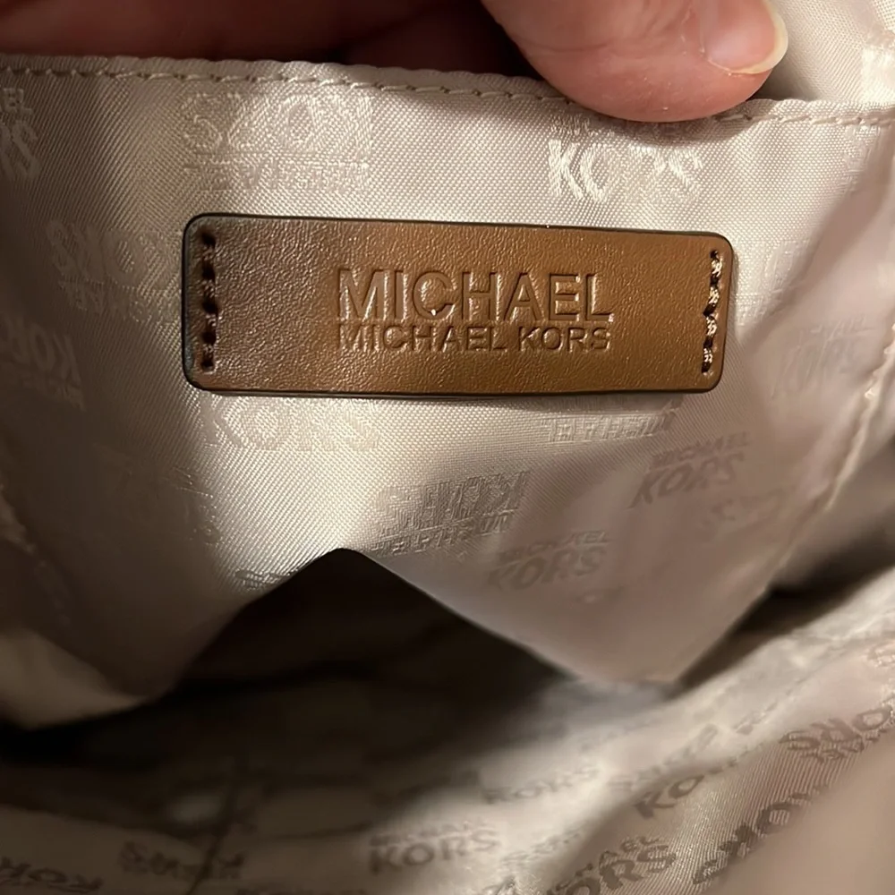 Michael Kors Beige and Brown MK Logo Shoulder Hobo$45